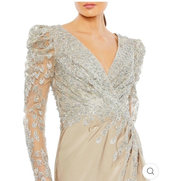 Mac Duggal 20346 Embellished Faux Wrap Illusion Puff Sleeve Gown Taupe 14 - Picture 2 of 13